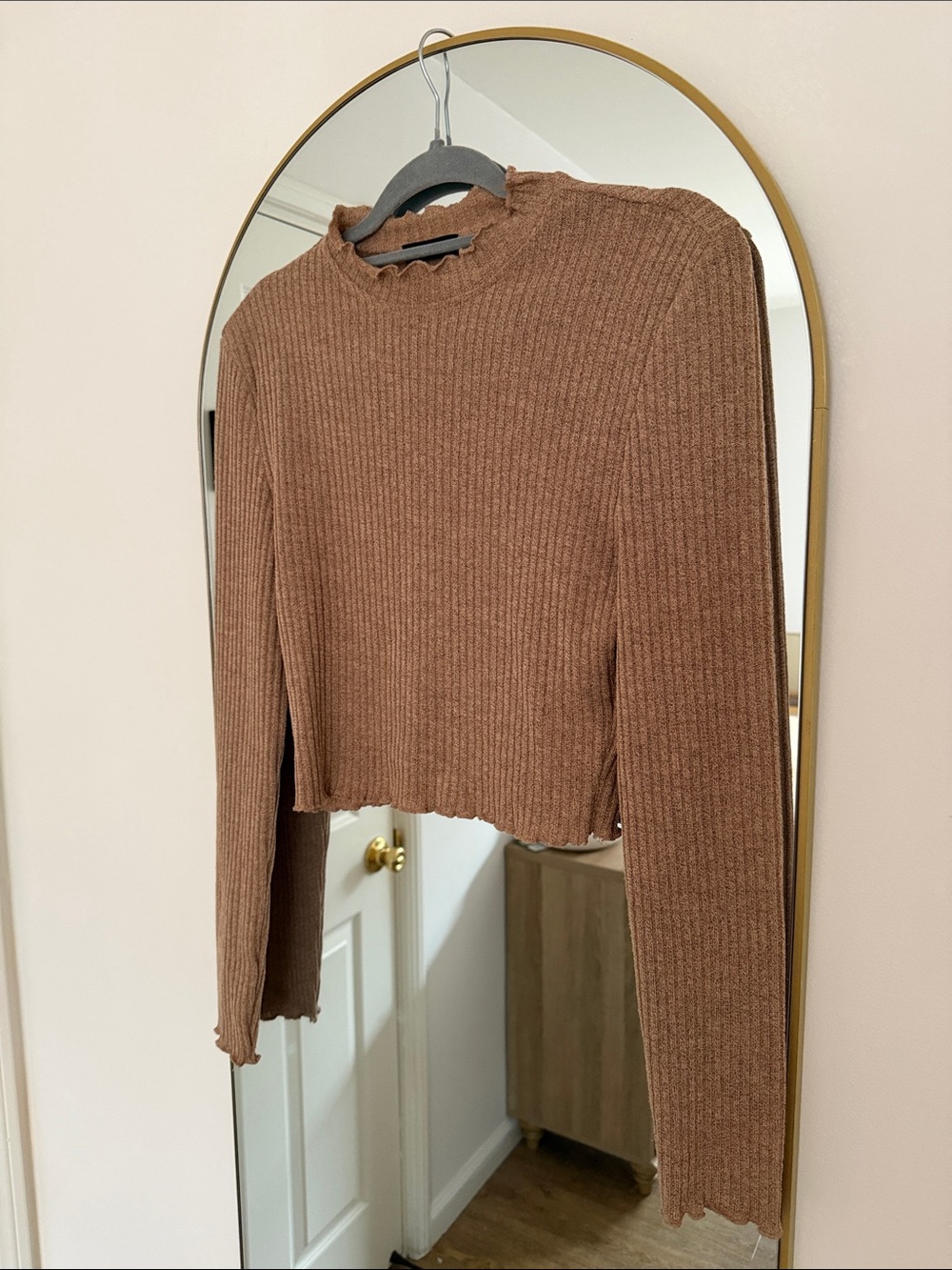 Ribbed Mock Neck Long-Sleeve Top - Brown